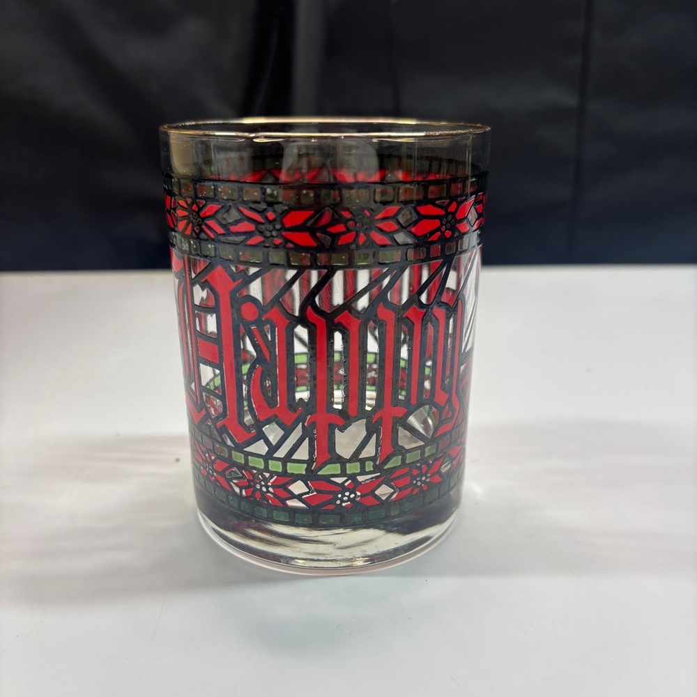 4 Vintage Houze Stained Glass Christmas Happy Holidays 4" Tumblers Glasses - Picture 5 of 10